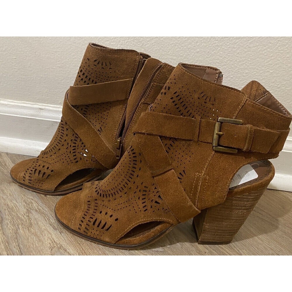 Naughty Monkey Womens Sz 10 Suede Boots Brown Open Toe Rear Zip Ankle Chunky